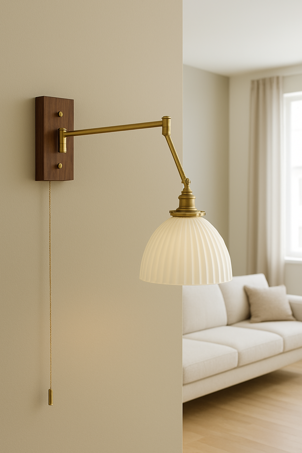  mid-century modern style wall light, perfect for bedside reading, blending the elegance of brass with earthy ceramic and wood elements.