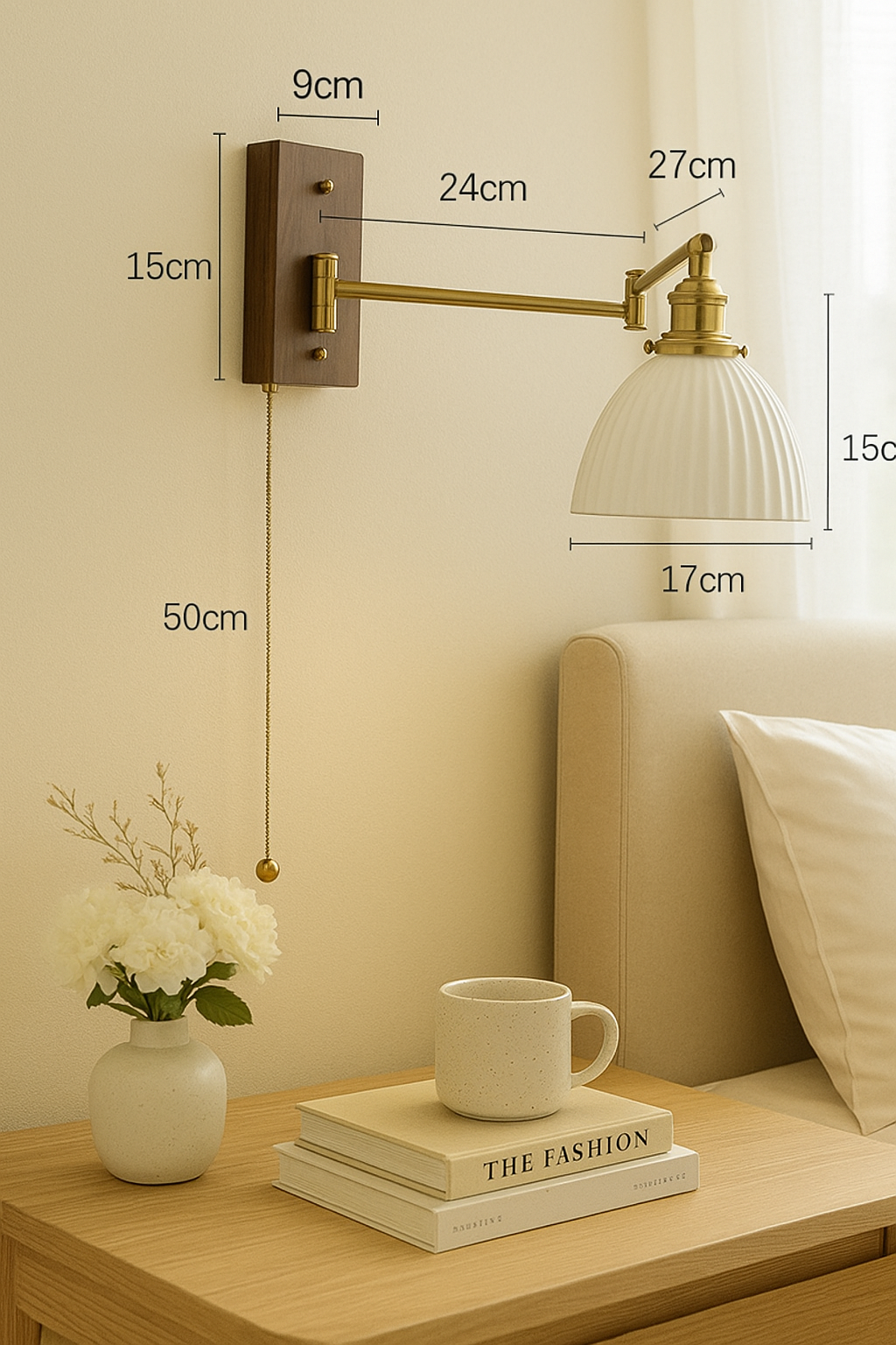 Artisanal ceramic wall light with natural shape shade, brass arm, and wood mount installed at bedside