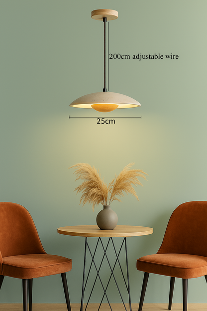 Stone pendant light with wood core nside