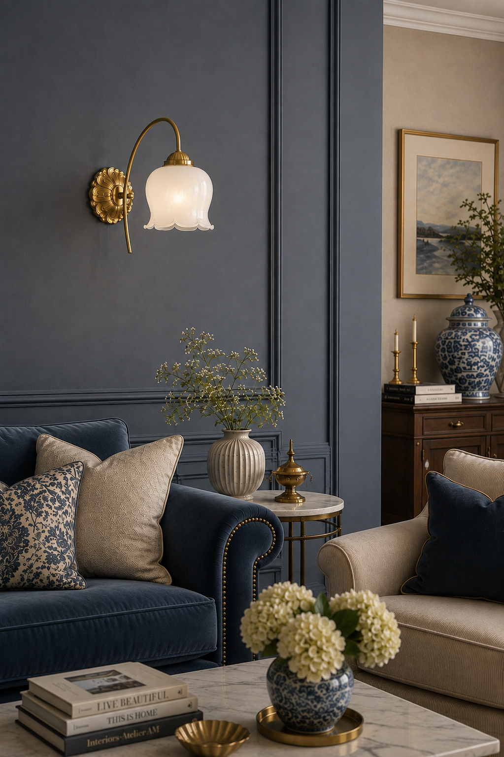Antique Brass wall lamp with Tulip shaped Resin lampshade in a modern living room wall