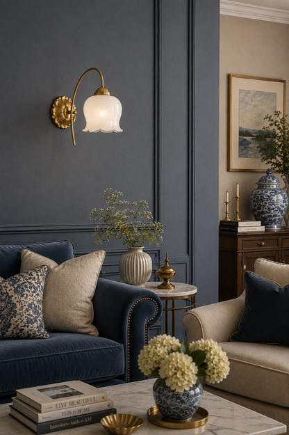 Antique Brass wall lamp with Tulip shaped Resin lampshade in a modern living room wall