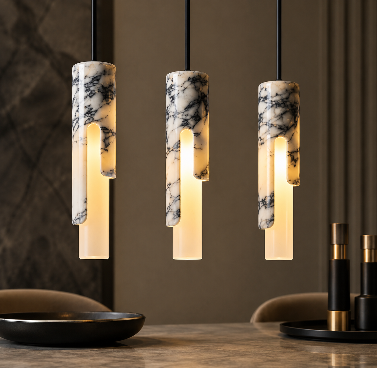 Long slim tube pendant light with integrated LED hanging above a dining table, creating a modern luxury dining atmosphere with warm ambient lighting.