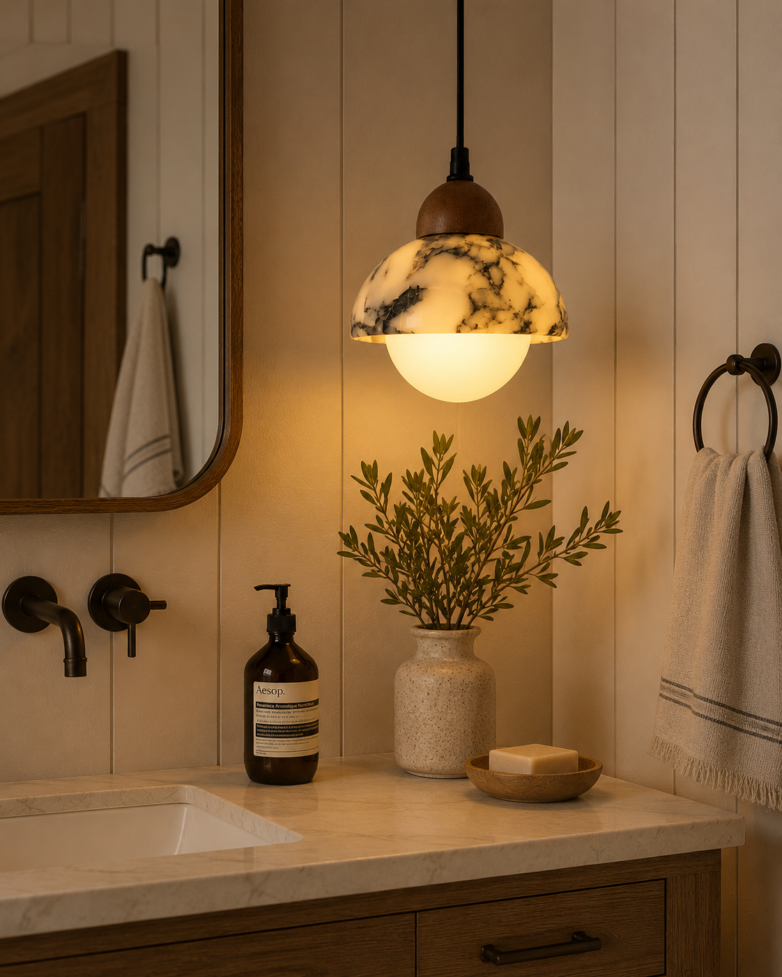 Minimalist dome marble pendant light with LED illumination mounted in a modern bathroom, providing elegant and functional ceiling lighting over a clean interior design.