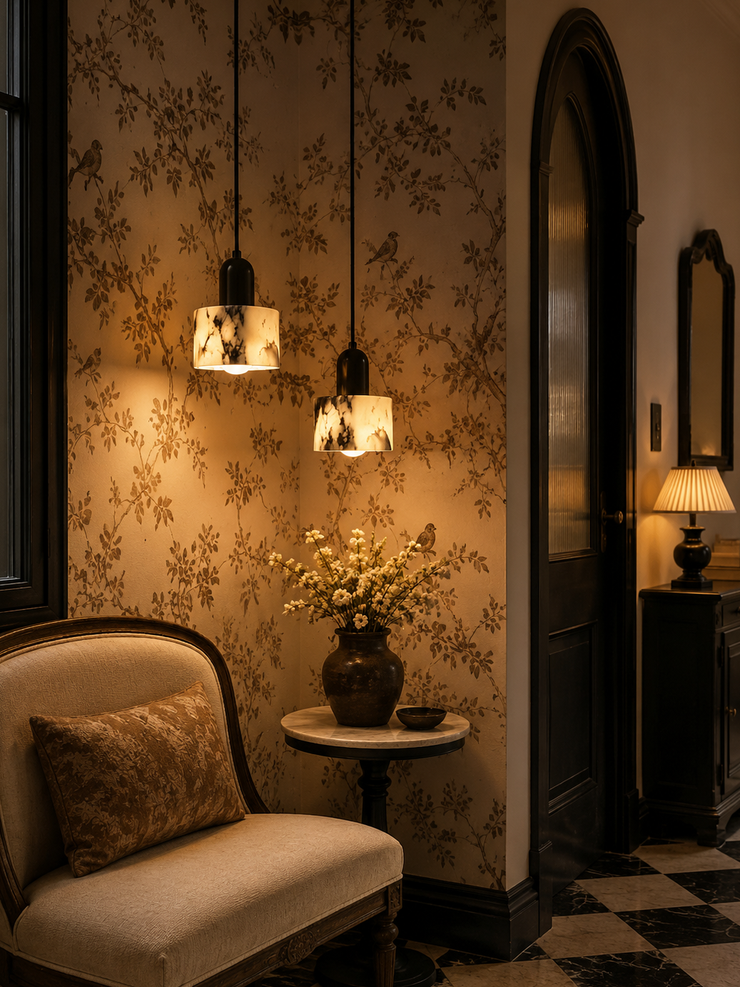 Cylindrical metal and marble pendant light with warm LED glow hanging in a cozy living room corner, adding a modern minimalist accent to soft interior decor.