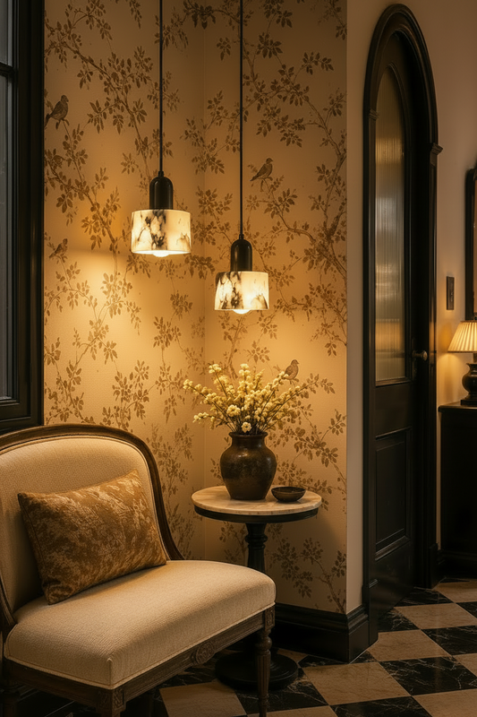 Cylindrical metal and marble pendant light with warm LED glow hanging in a cozy living room corner, adding a modern minimalist accent to soft interior decor.