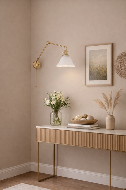 White milk Glass wall lamp with articulated arm. pull chain wall light fixture