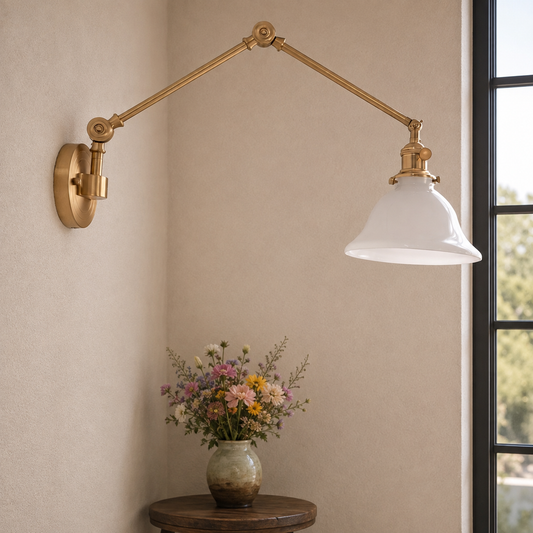 Mid-Century Modern Brass Swing Arm Wall Sconce with White Milk Glass Globe Shade, Hardwired Fixture