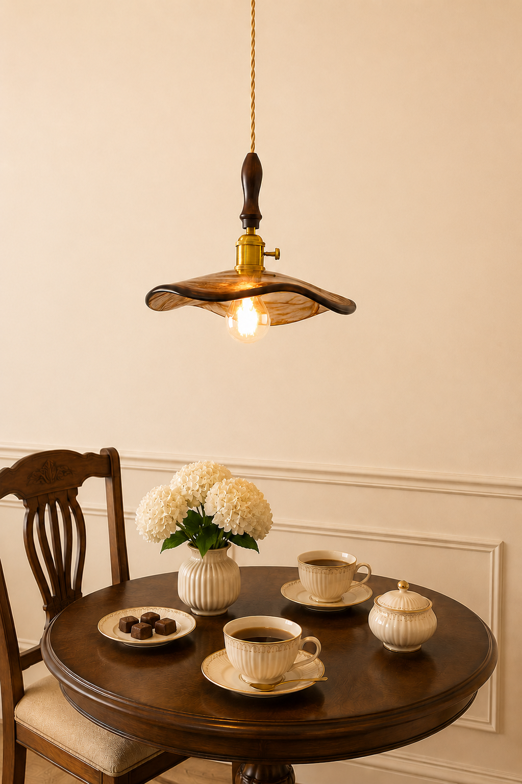 Brown glass hanging lights installed on a wooden coffee table
