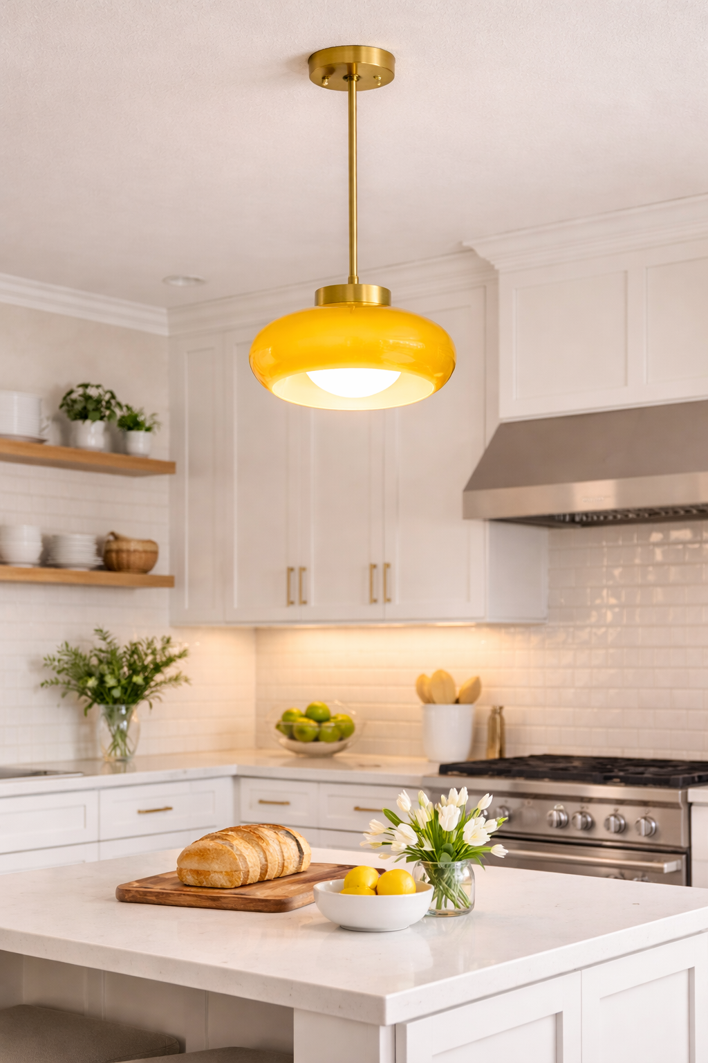 Mustard Yellow pendant light, Kitchen island light with brass Rod