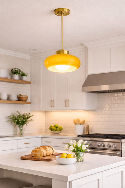 Mustard Yellow pendant light, Kitchen island light with brass Rod