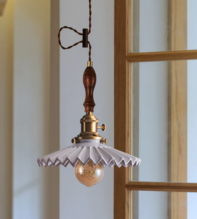 Fluted Ceramic Pendant Light with Wavy Black and White Shade