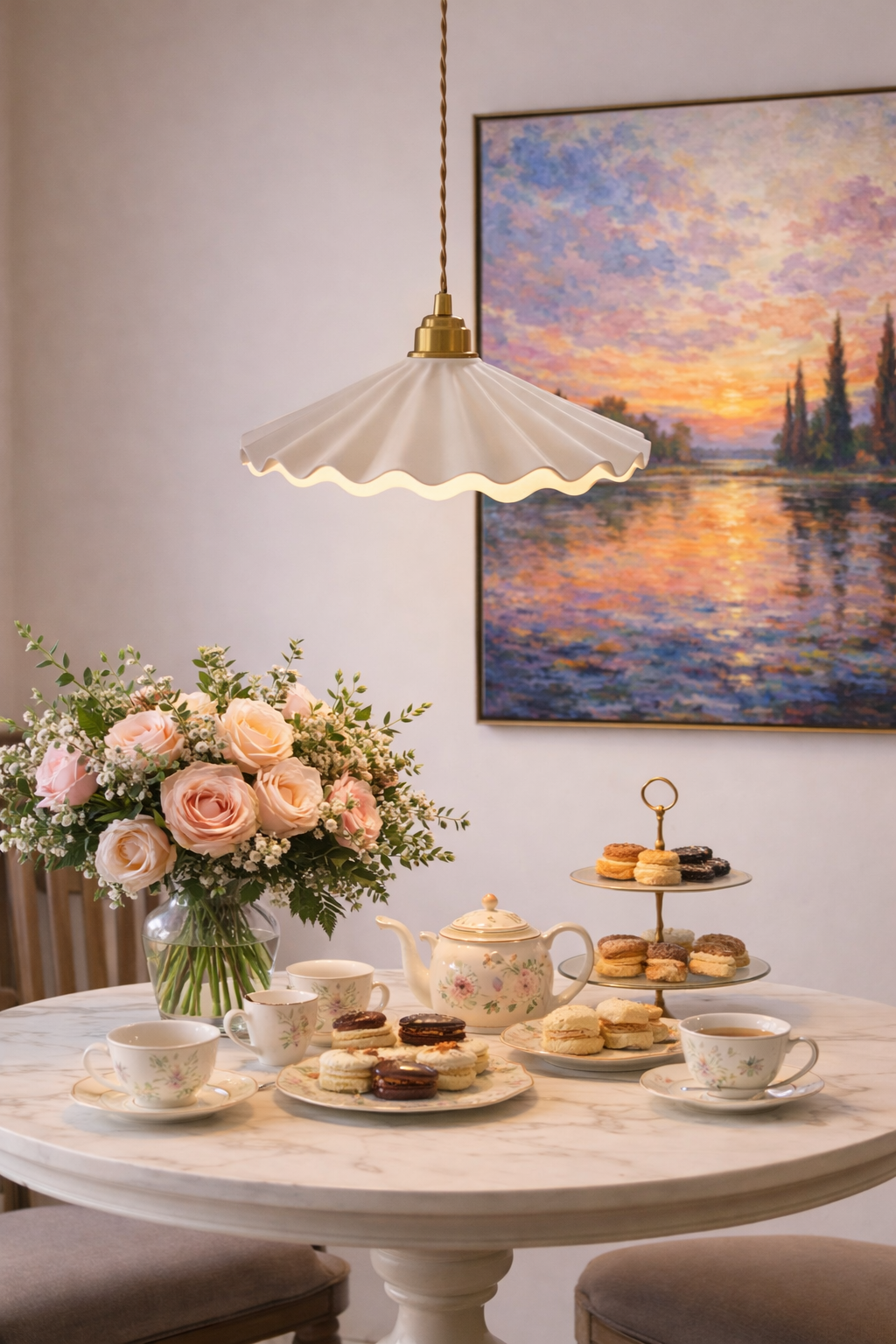 Handmade ruffled pendant light hanging over luxury dining room modern interior