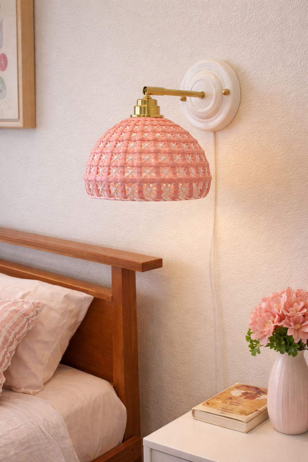 Ceramic Pink Nursery Wall Sconce | Plug-in Kids Bedroom Lamp