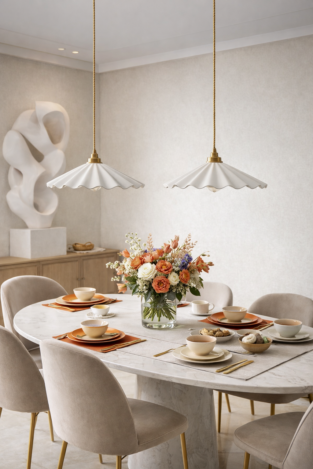 Fluted Porcelain pendant light hanging over Luxury dining room table