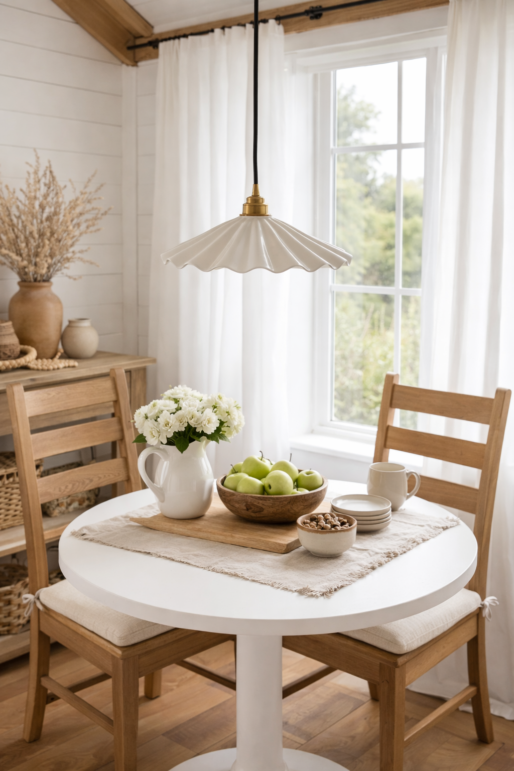 Wave style porcelain pendant light hanging above a round dining room table
