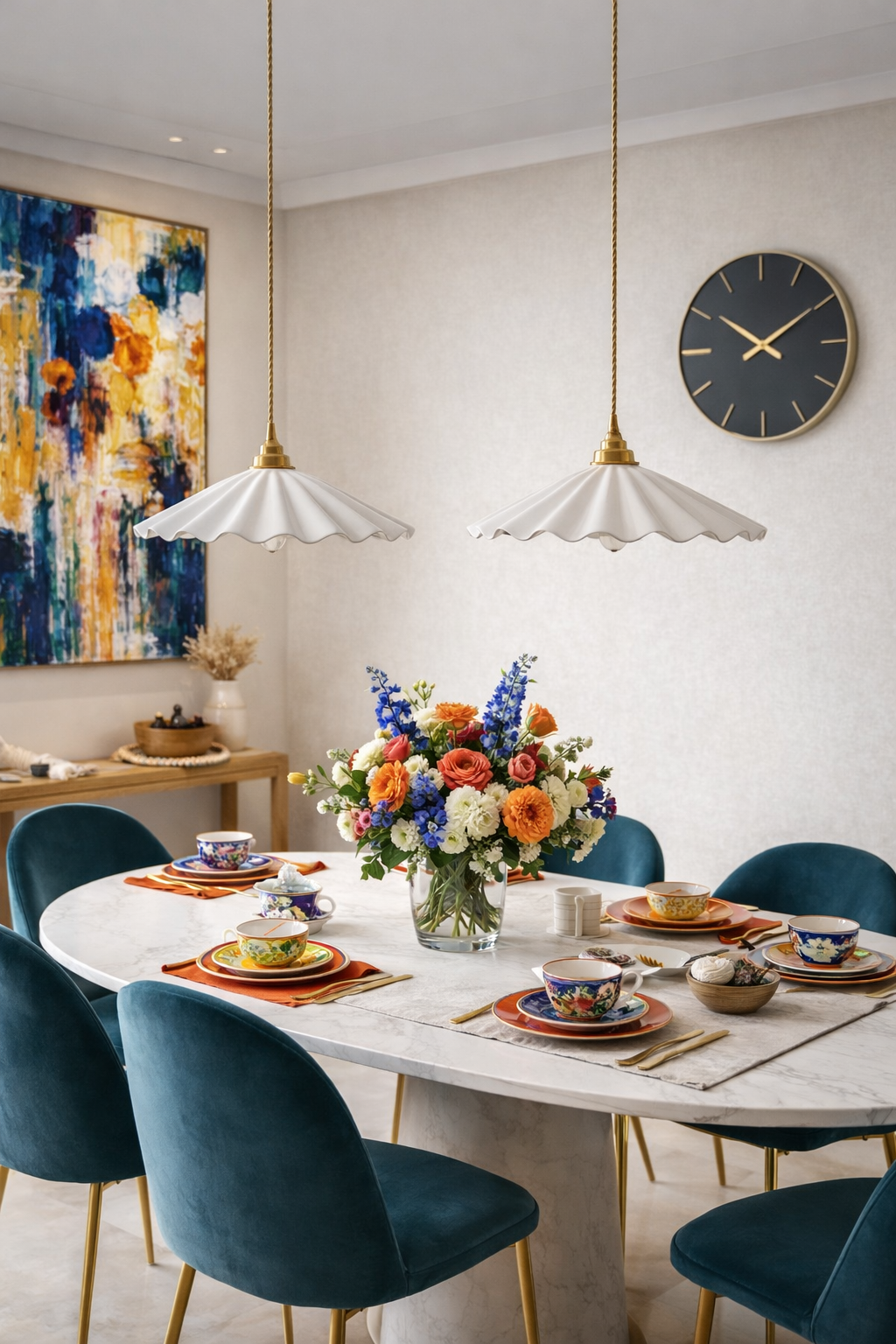 Mashal Designs pleated porcelain pendant light hanging over a  luxury dining table