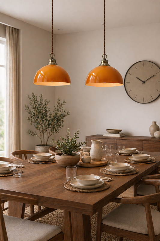 Industrial Mustard Glass / Brass Dome Ceiling Light Fixture