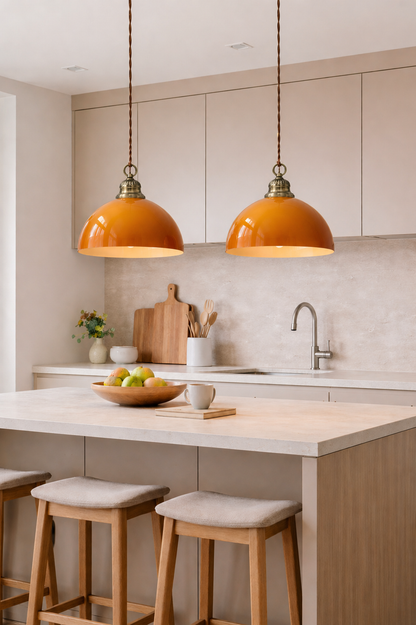 Industrial Mustard Glass / Brass Dome Ceiling Light Fixture
