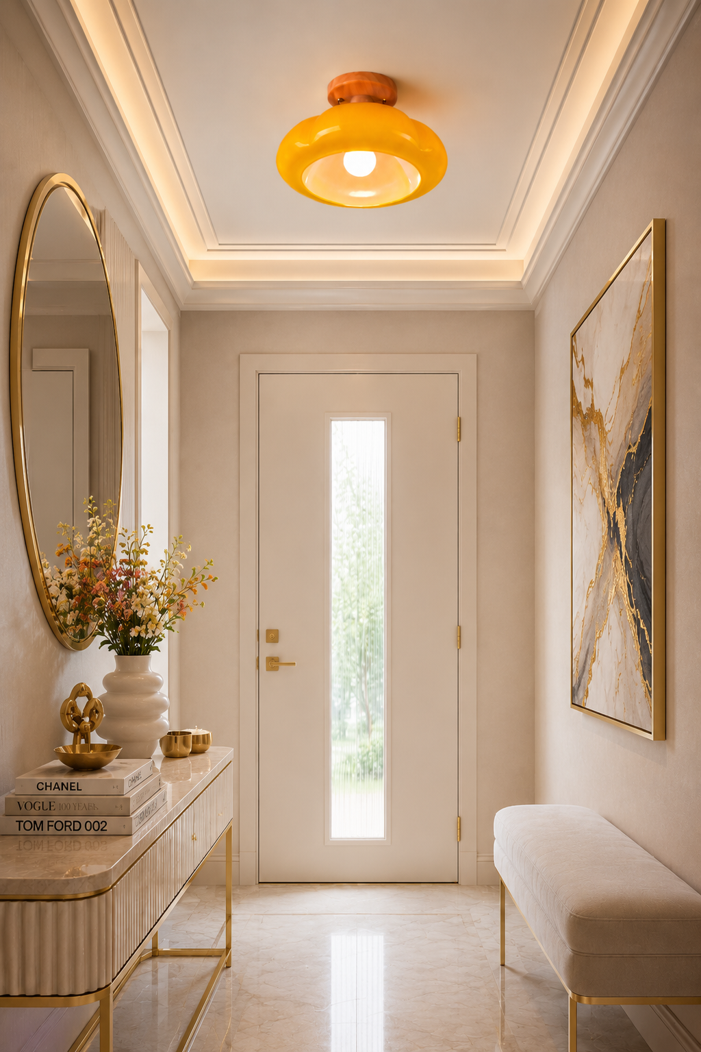 Organic Pumpkin shape ceiling light for Modern entryway. Yellow flush mount ceiling light