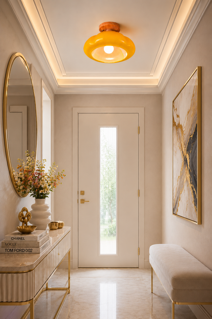 Organic Pumpkin shape ceiling light for Modern entryway. Yellow flush mount ceiling light
