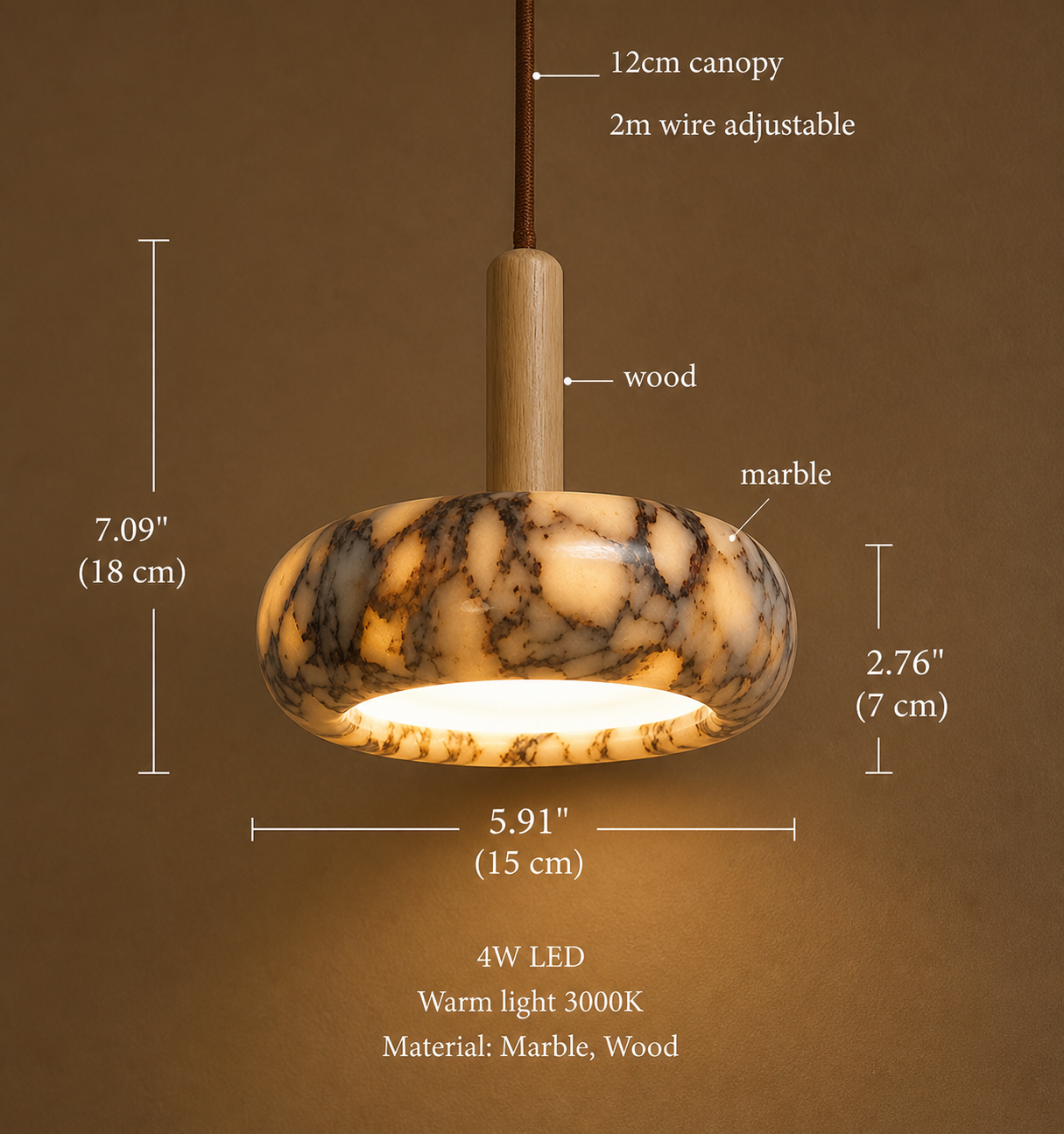 Sculpted Marble Pendant Light with Wood Finish | Small hanging lamp