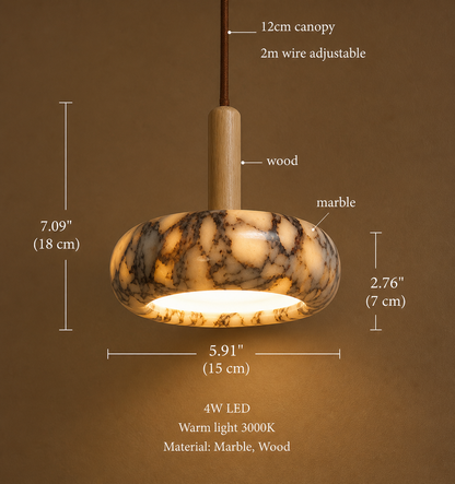 Sculpted Marble Pendant Light with Wood Finish | Small hanging lamp