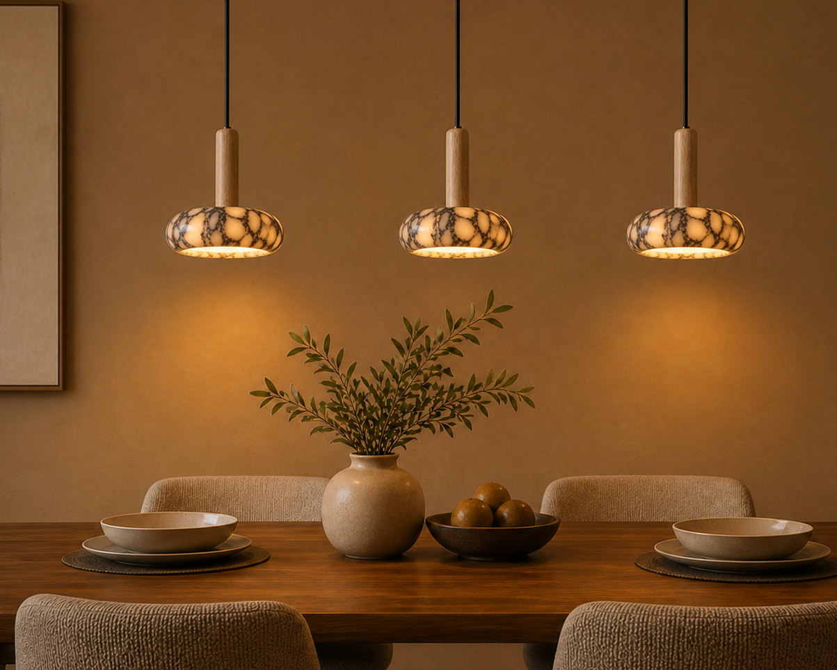 Sculpted Marble Pendant Light with Wood Finish | Small hanging lamp