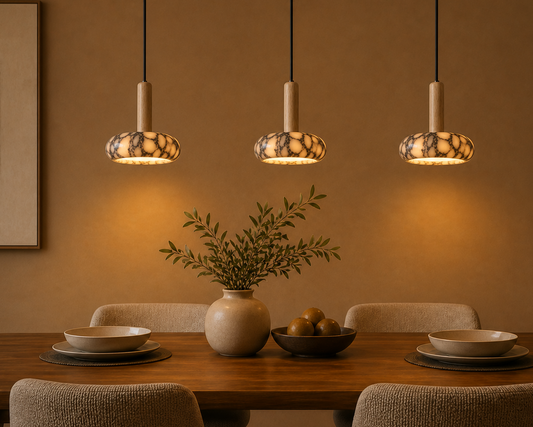 Sculpted Marble Pendant Light with Wood Finish | Small hanging lamp