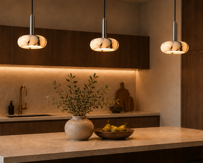 Sculpted Marble Pendant Light with Wood Finish | Small hanging lamp