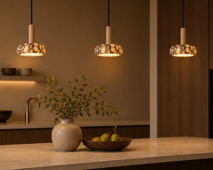 Sculpted Marble Pendant Light with Wood Finish | Small hanging lamp