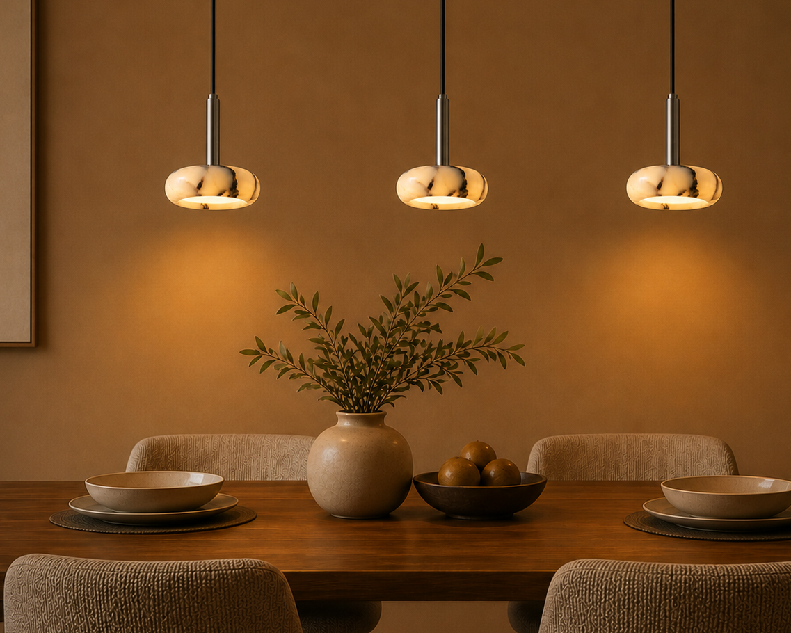 Sculpted Marble Pendant Light with Wood Finish | Small hanging lamp