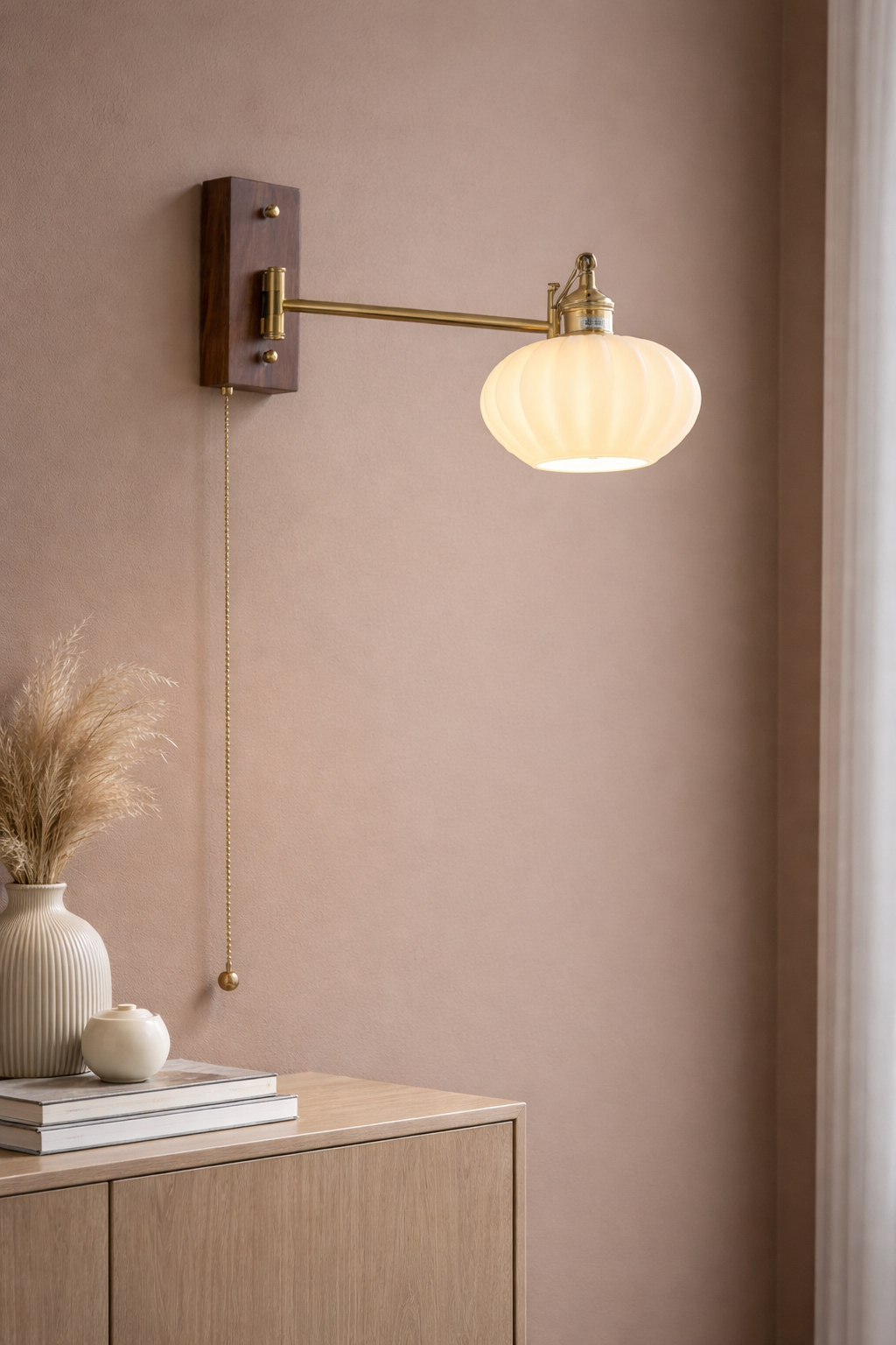Mashal Designs Antique Brass swing arm ceramic wall sconce mounted on wooden base. Provides flexible, adjustable task lighting for a reading nook or bedside.