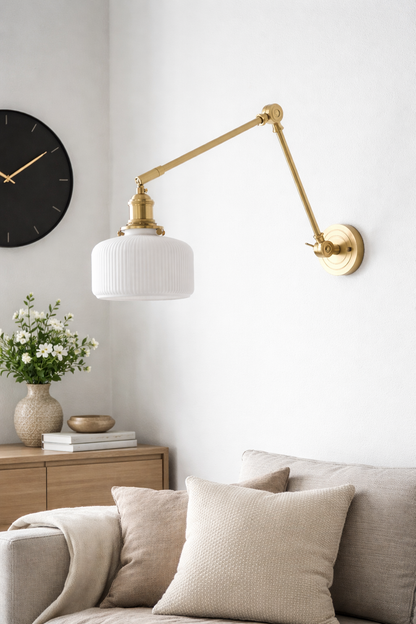 Swing Arm Ceramic Wall Sconce- Adjustable Brass Reading light