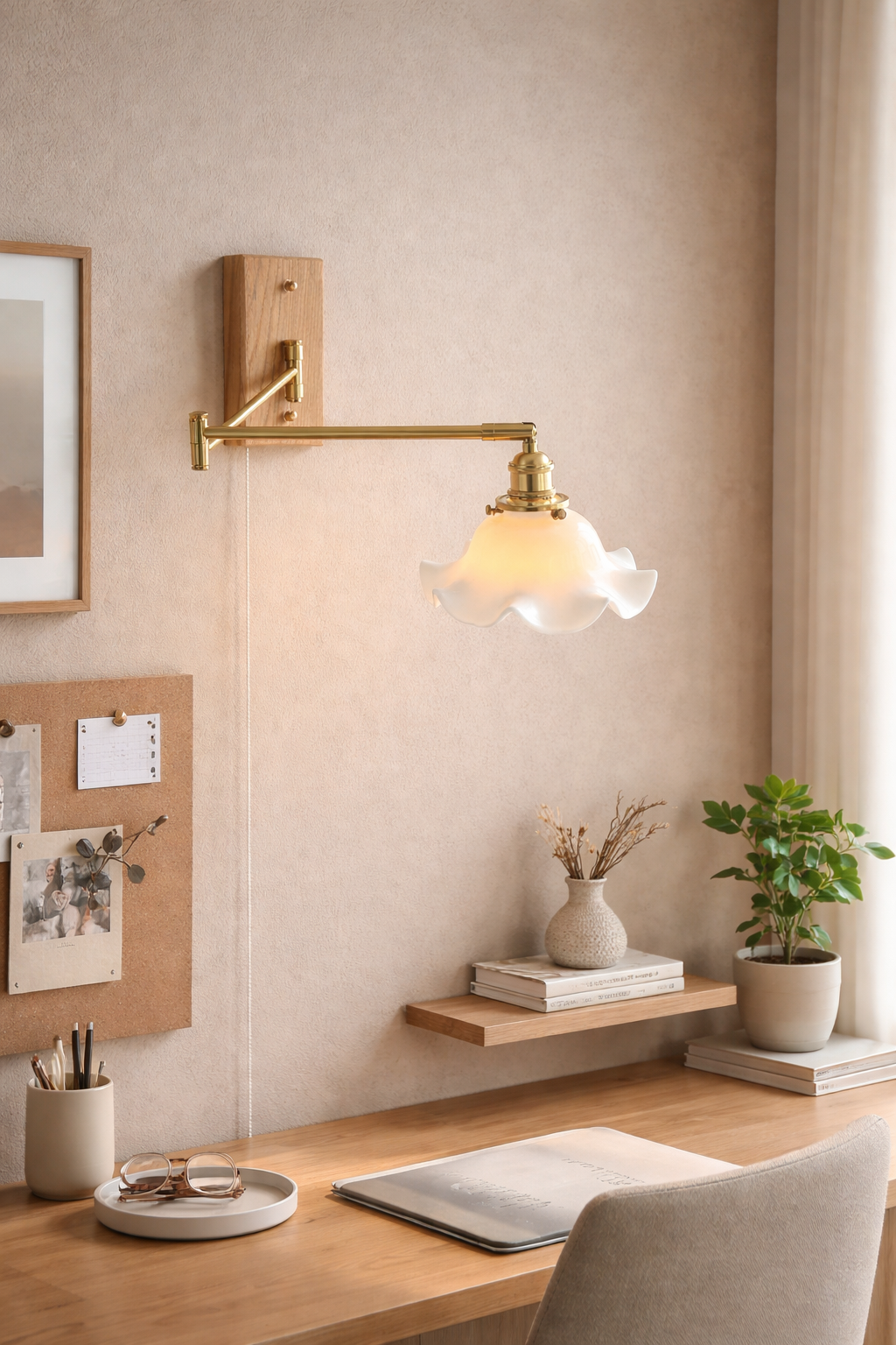 Antique brass swing arm wall sconce with scalloped ceramic shade