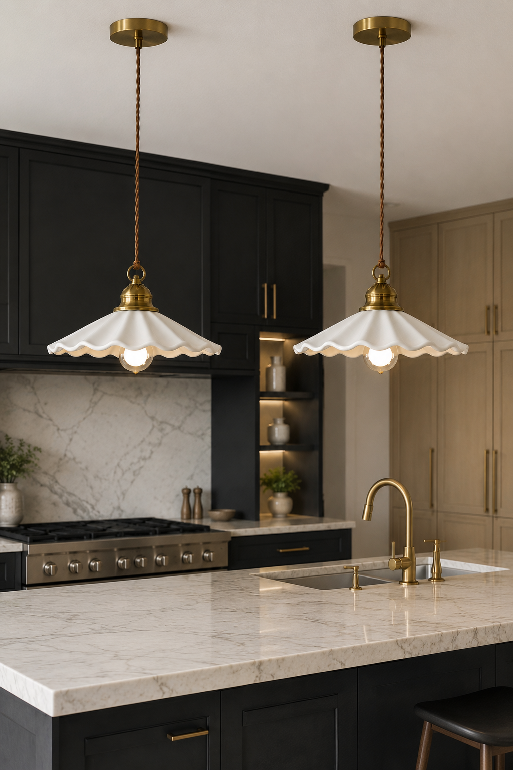 Industrial vintage ceramic pendant light with wavy shade hanging in a kitchen.