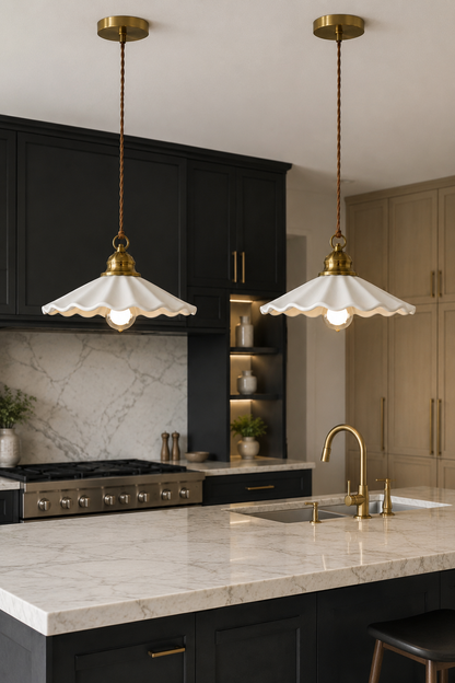  Industrial vintage ceramic pendant light with wavy shade hanging in a kitchen.