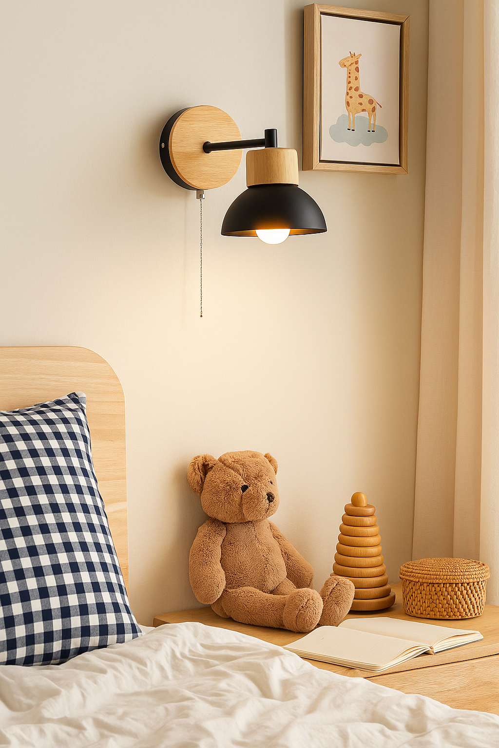 Scandinavian-style fixed black metal and wood wall lamp with a clean, static design. pull chain wood wall lamp