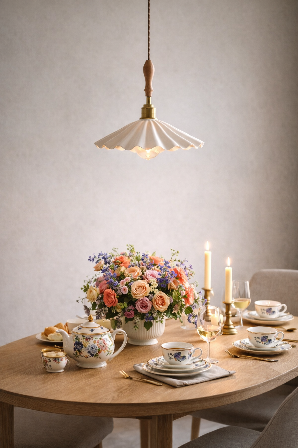 Decorative ruffled Ceramic pendant light over dining table