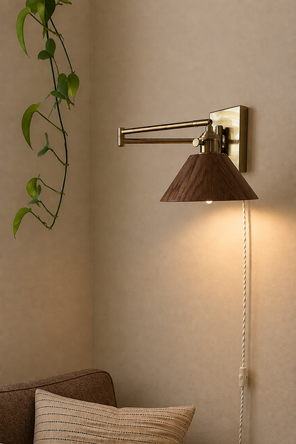walnut wood wall lamp  with a brass swing arm
