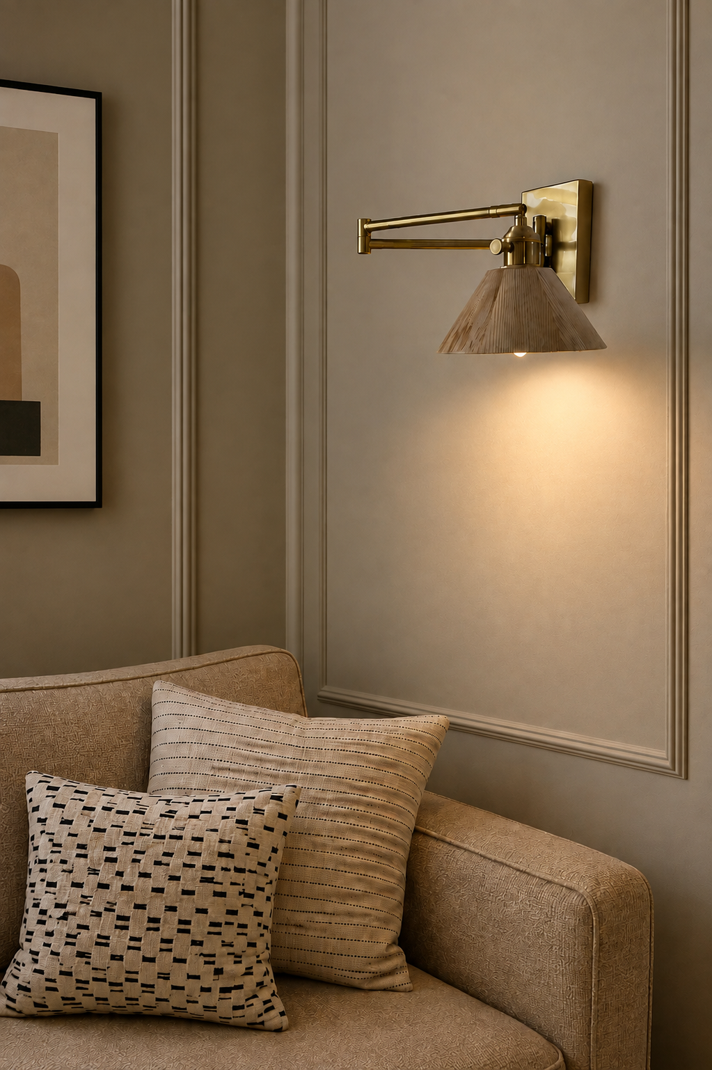 Handcrafted hardwired swing arm wall lamp. modern wood wall light