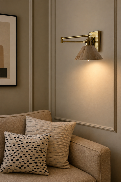 Handcrafted hardwired swing arm wall lamp. modern wood wall light