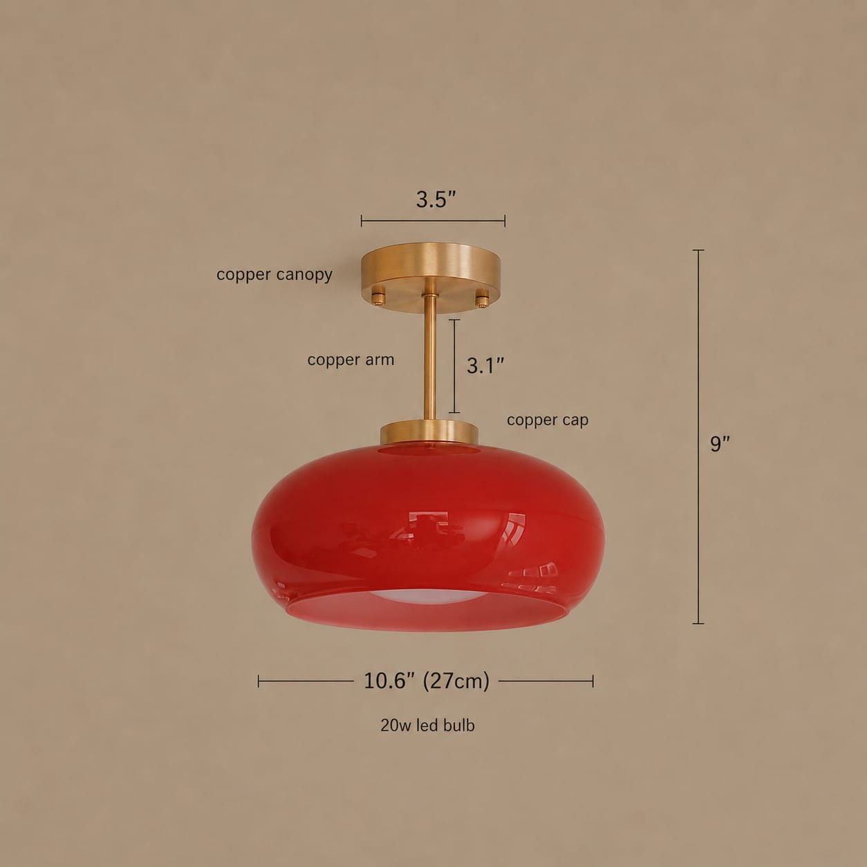 A red round-shaped pendant light with a copper canopy and arm, shown with dimension labels and measurements on a beige background.