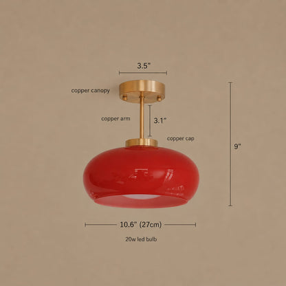 A red round-shaped pendant light with a copper canopy and arm, shown with dimension labels and measurements on a beige background.