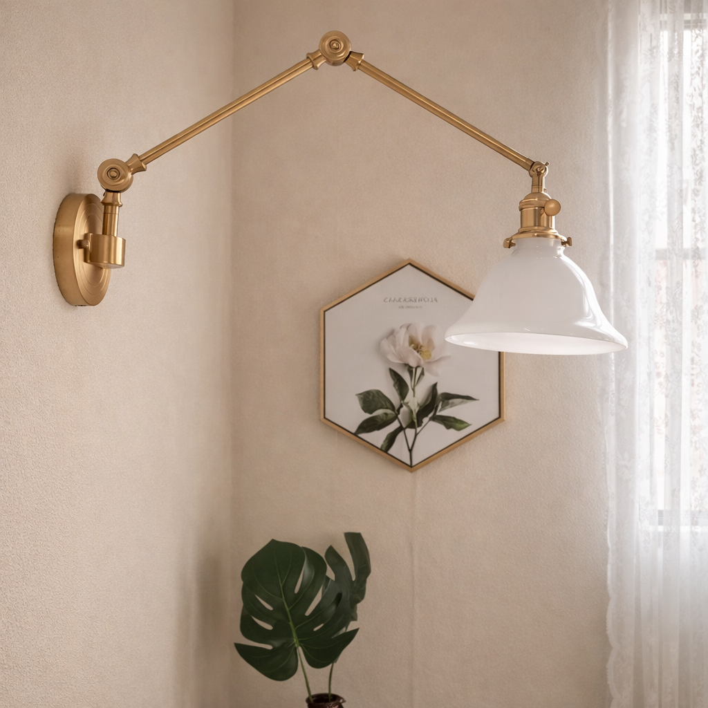 Mid-Century Modern Brass Swing Arm Wall Sconce with White Milk Glass Globe Shade, Hardwired Fixture