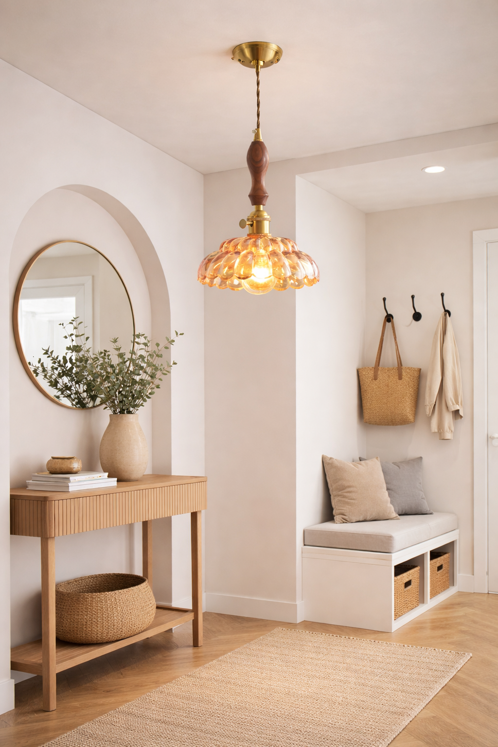 adjustable cord and brushed metal finish on a retro glass hanging lamp.