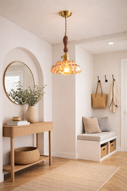 adjustable cord and brushed metal finish on a retro glass hanging lamp.