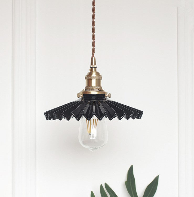 Fluted Ceramic Pendant Light with Wavy Black and White Shade