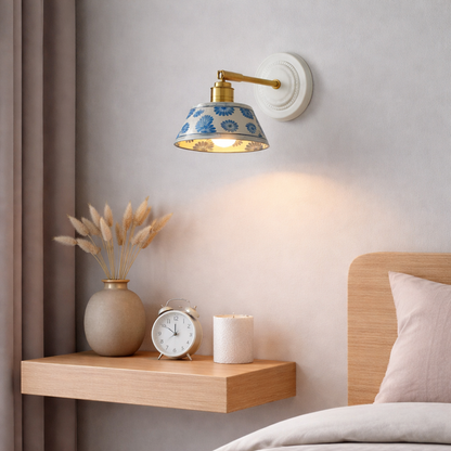 Vintage Bedside Sconce – Handmade  Blue Floral Ceramic Fixture