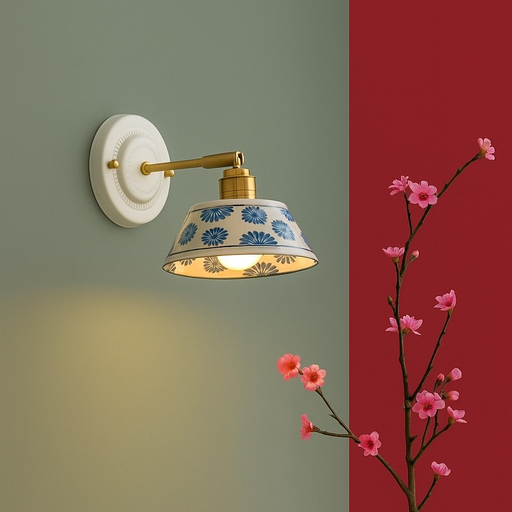 Vintage Bedside Sconce – Handmade  Blue Floral Ceramic Fixture