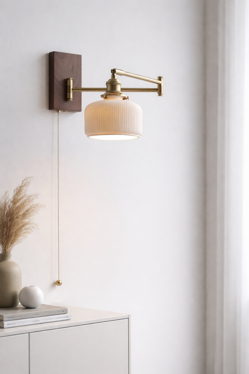 Plug-in Walnut Wood and Ceramic Globe Wall Lamp - Mid-Century Modern Swing Arm Light for Bedside Reading